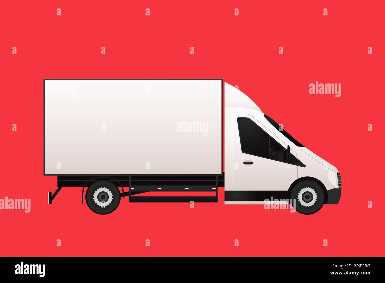 Camion blanc pour service de fret sur fond rouge. Transport, service de livraison. Chariot avec conteneur. Illustration du fourgon. Illustration vectorielle. Illustration de Vecteur