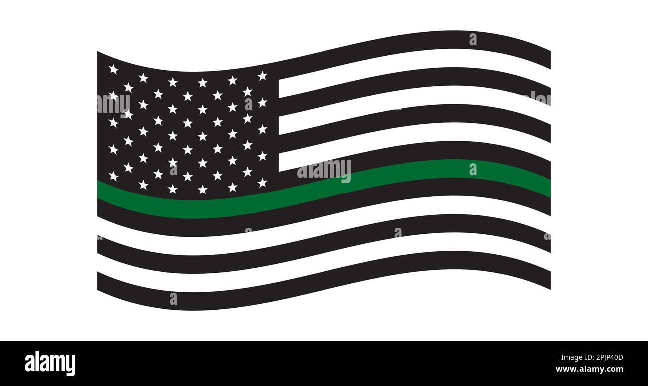 Drapeau américain noir et blanc avec ligne verte. Drapeau américain militaire. Ondulé. La ligne