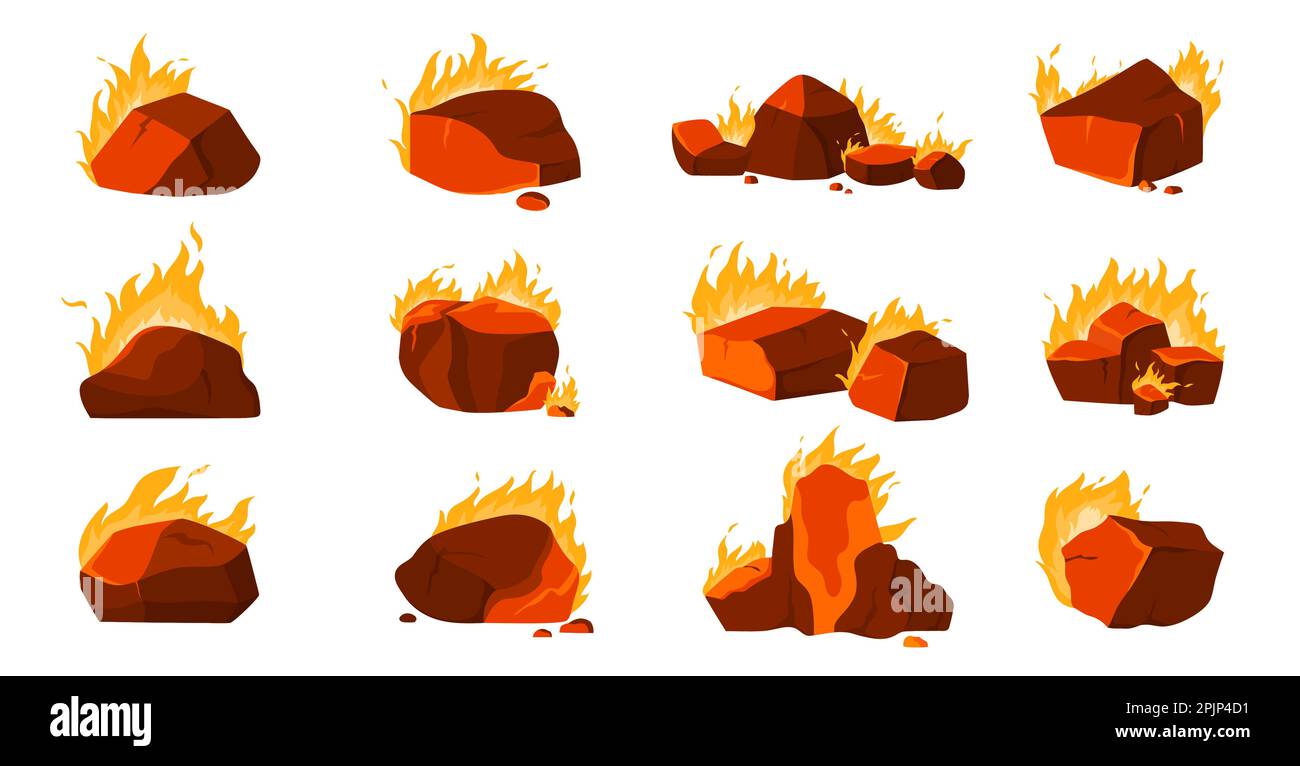 Illustration du vecteur de feu avec charbon à combustion chaude. Caricature isolée rouge charbonnière pierres avec flamme, pile ardente d'embres brûlent dans le feu de bois ou four, collection de pièces de charbon flamboyantes Illustration de Vecteur