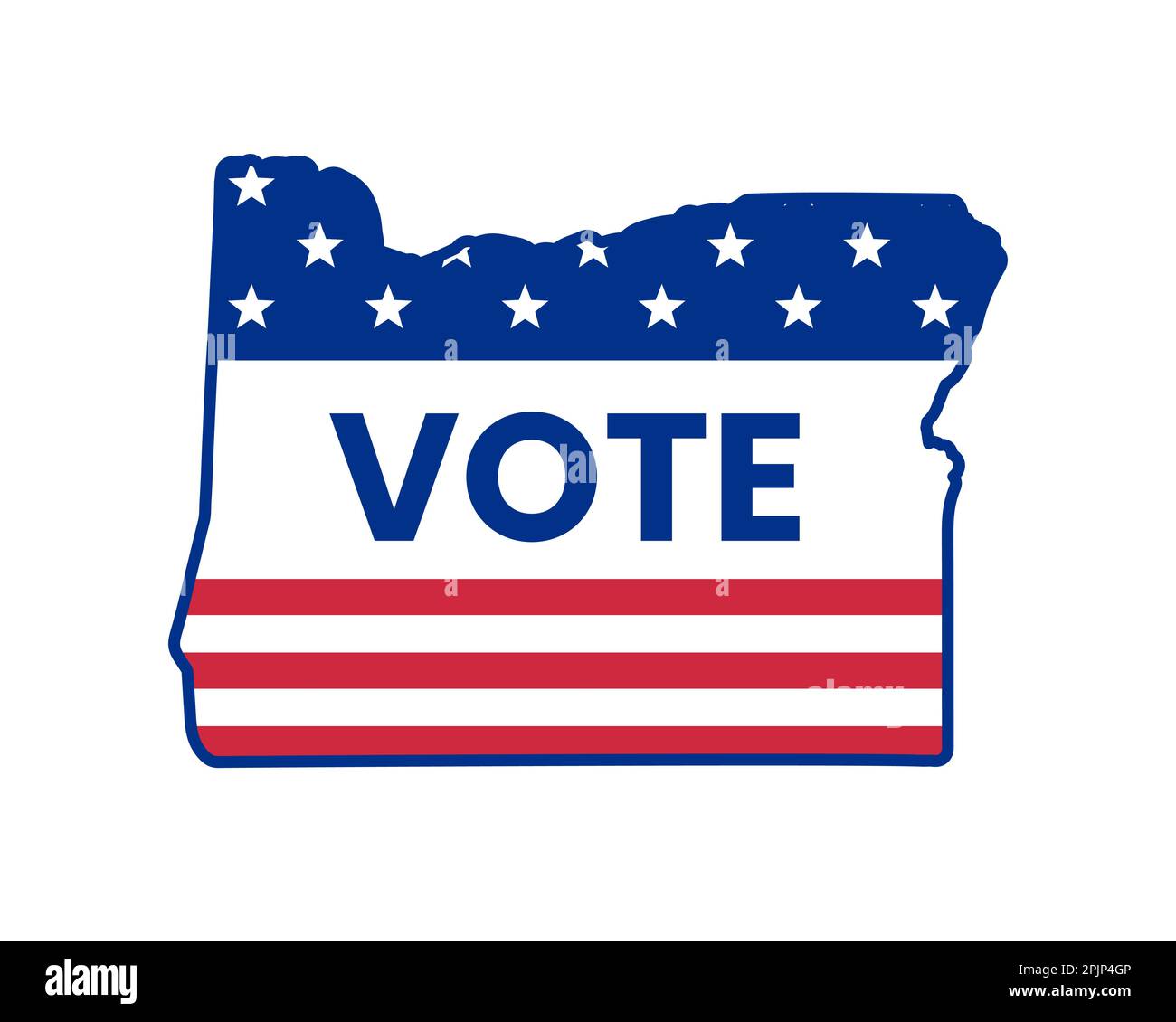 autocollant de vote pour les élections de mi-mandat de 2022. Carte de l'état de l'Oregon avec mot de vote. Carte DE l'état DES ÉTATS-UNIS. Silhouette de l'Oregon avec étoiles et rayures de drapeau américain. Vecteur Illustration de Vecteur