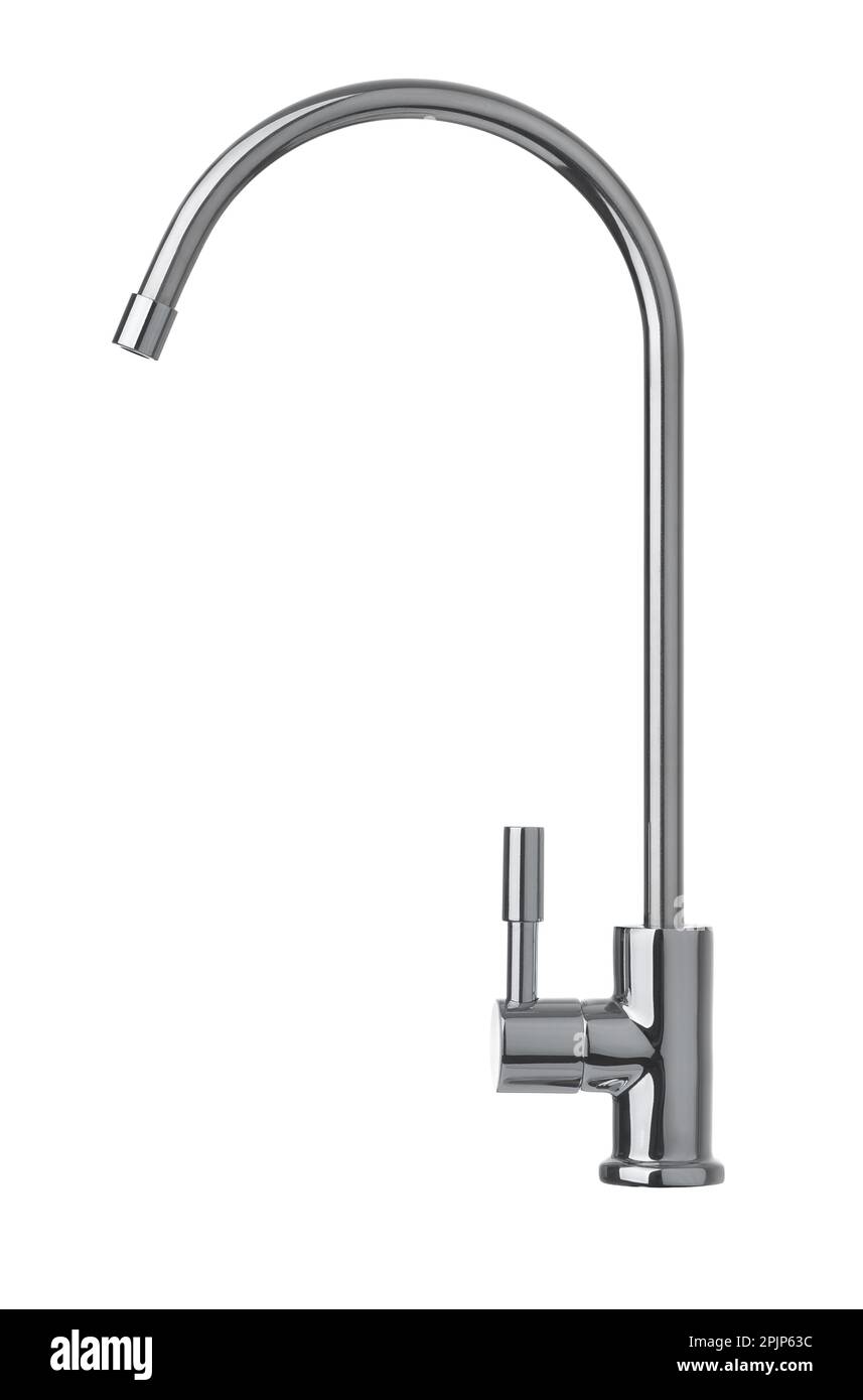 Vue latérale du robinet d'eau chromé isolé sur blanc Banque D'Images