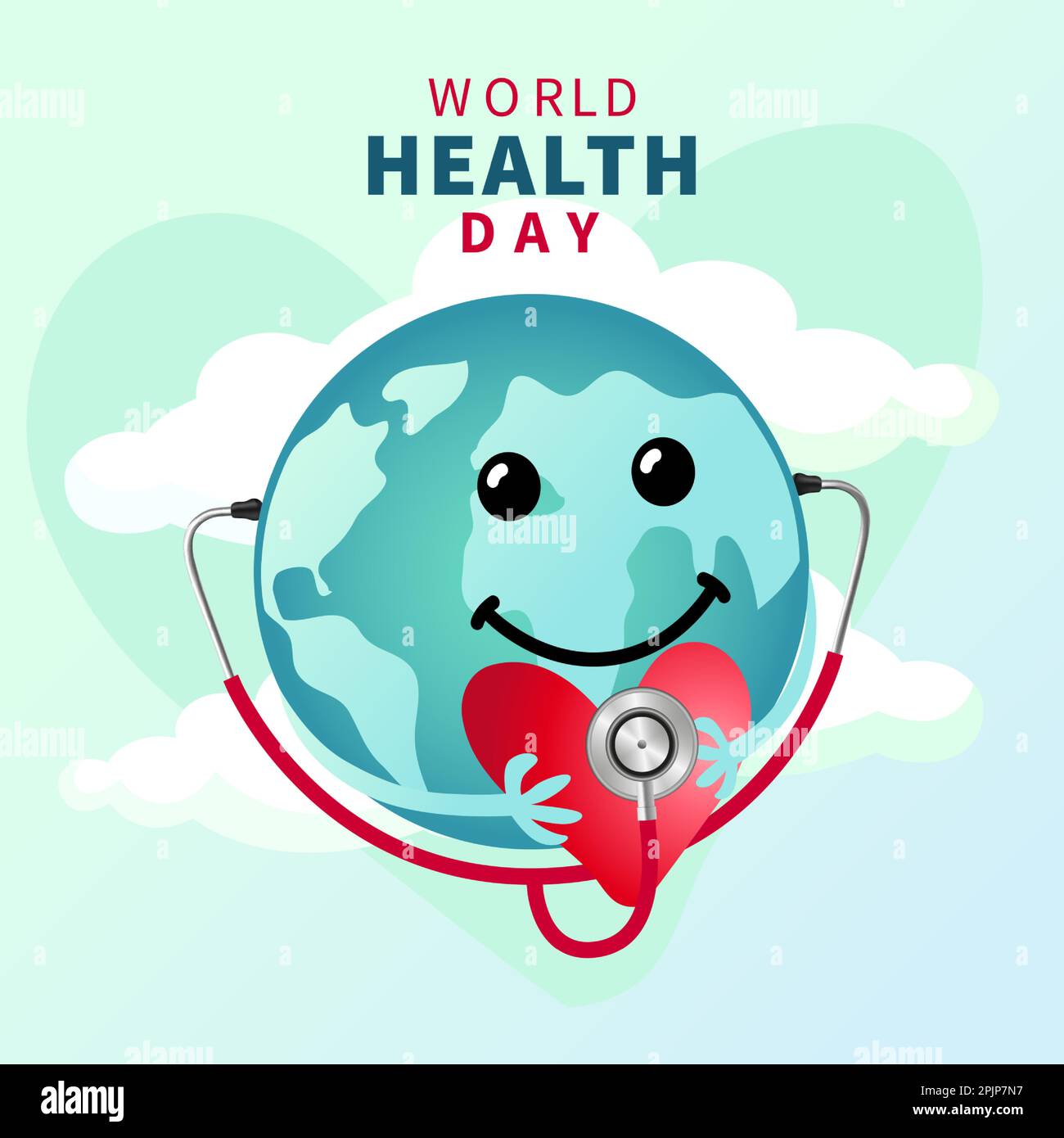 Illustration de la Journée mondiale de la santé, planète sourire avec coeur et stéthoscope. Une terre heureuse avec un instrument médical. Illustration vectorielle Illustration de Vecteur