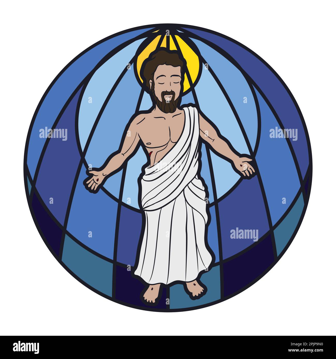 Bouton circulaire avec image de Jésus Christ après sa résurrection en style vitrail. Illustration de Vecteur