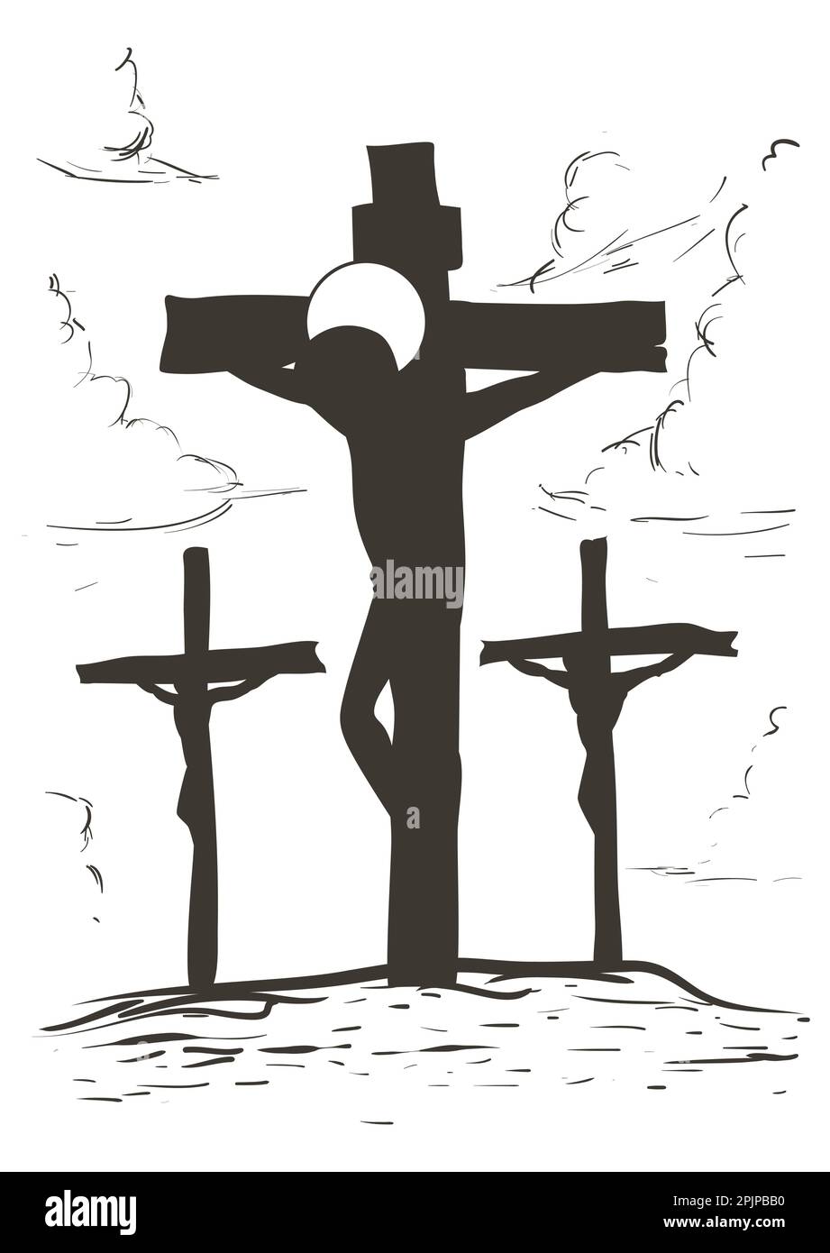 Dessin de la via Crucis, représentant la station douze: Jésus meurt sur la croix entre deux voleurs condamnés. Illustration de Vecteur