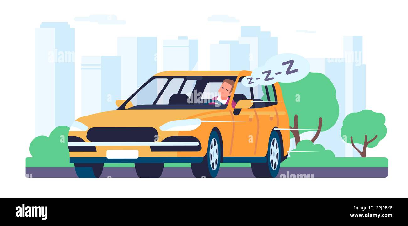 Conducteur fatigué dort derrière la roue de la voiture en mouvement. Créer un accident sur la route. Surmenage de la numérotation des hommes dans l'automobile. Circulation urbaine. Un homme qui rêve Illustration de Vecteur