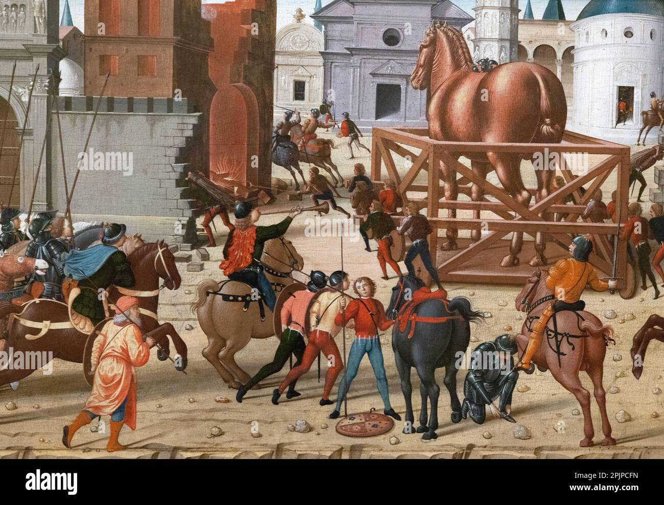 Biagio d’Antonio Tucci peinture; détail du siège de Troie, le cheval de bois, peintre italien de la Renaissance 15th siècle, 1400s; cheval de Troie. Banque D'Images