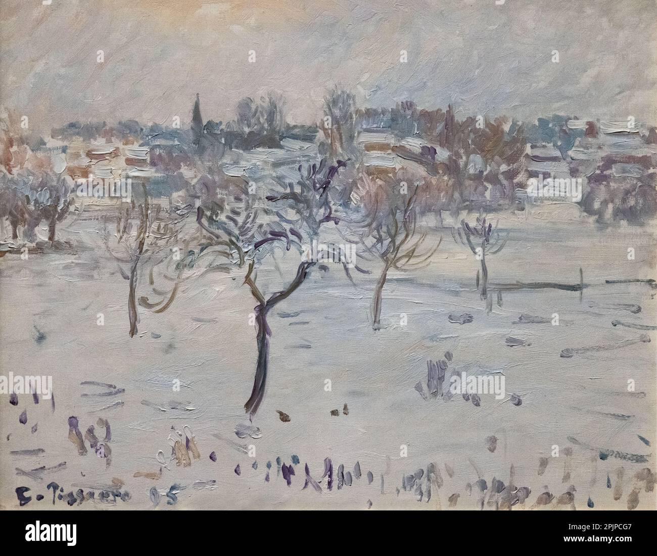 Peinture Camille Pissarro; paysage de neige à Eragny avec un arbre de pomme; 1895; peintre impressionniste du 19th siècle. Peintures de paysage d'hiver. Banque D'Images