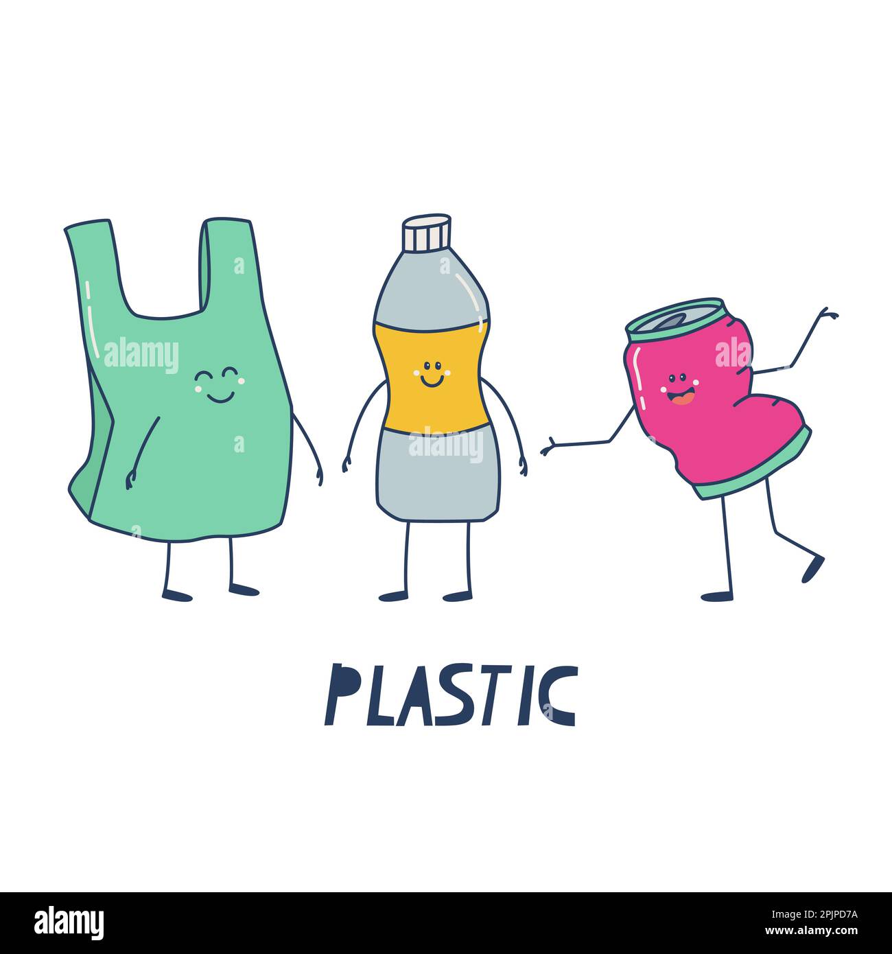 Tri des déchets plastiques. Sacs, bouteilles et canettes en plastique. Objets amusants avec les bras, les jambes et les visages. Joli vecteur isolé sur fond blanc Illustration de Vecteur