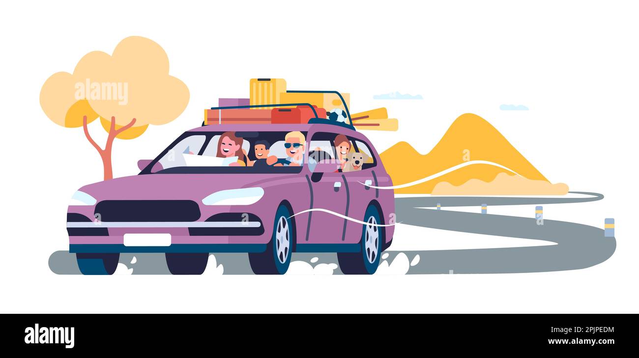L'été en voiture. Vacances en voiture en famille. Voyage en voiture. Transport de vacances en voiture. Bagages sur le toit du véhicule. Le tourisme automobile. Voyage aventure Illustration de Vecteur