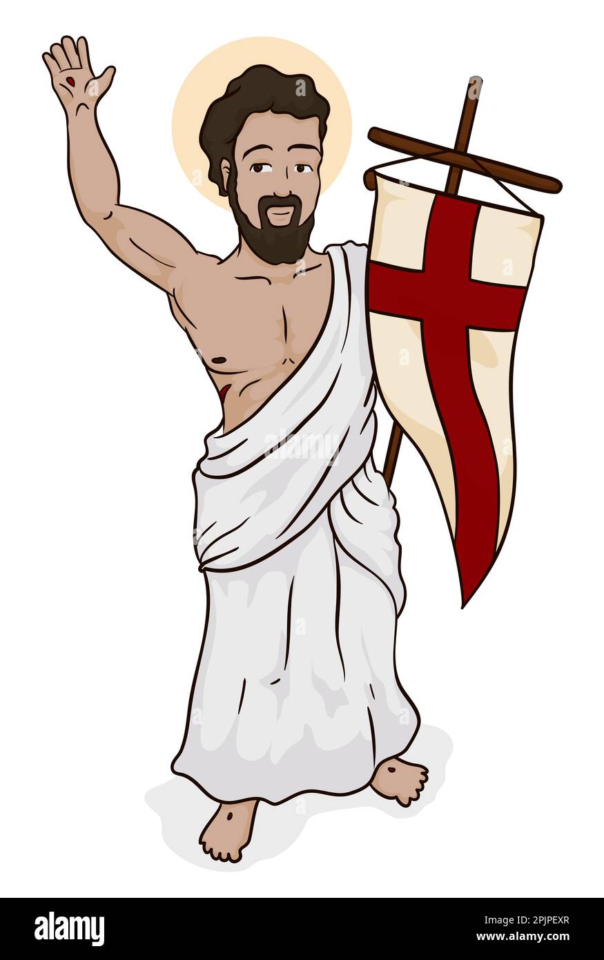 Ressuscité Jésus Christ tenant un pénitent avec une croix rouge. Dessin animé sur fond blanc. Illustration de Vecteur