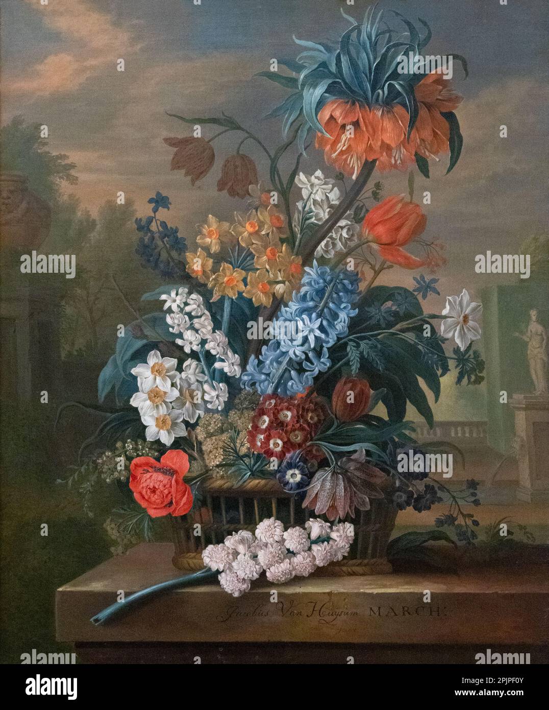 Jacobus van Huysum peinture, alias. Jacob van Huysum; 'le mois de mars'; peinture encore en vie; peintre botanique hollandais du 18th siècle. Banque D'Images
