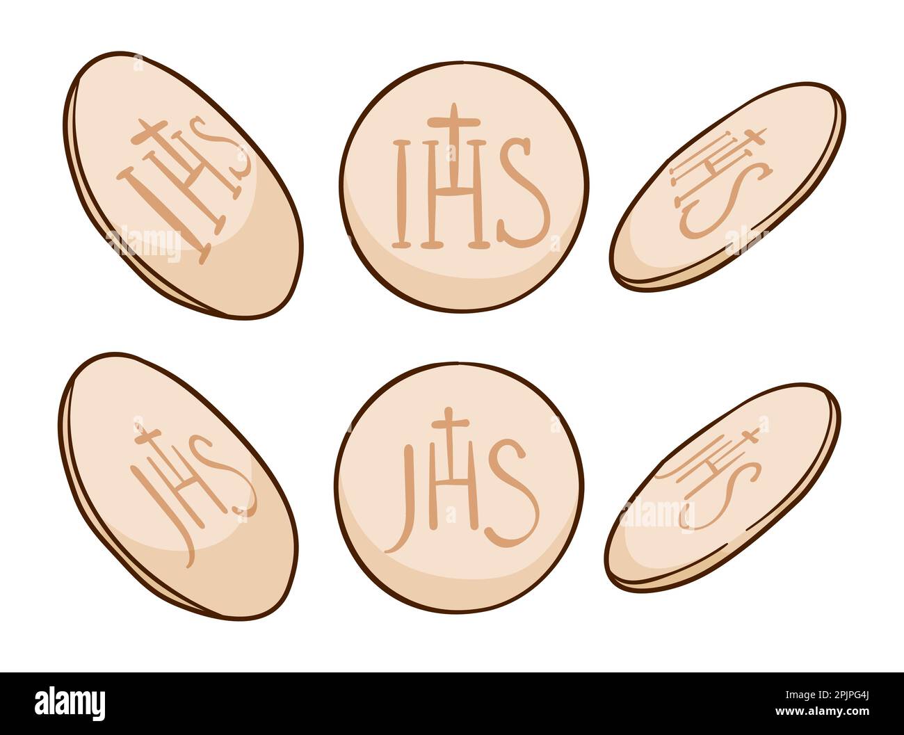 Pain de communion religieuse avec le monogramme IHS et JHS en trois positions. Dessin animé sur fond blanc. Illustration de Vecteur