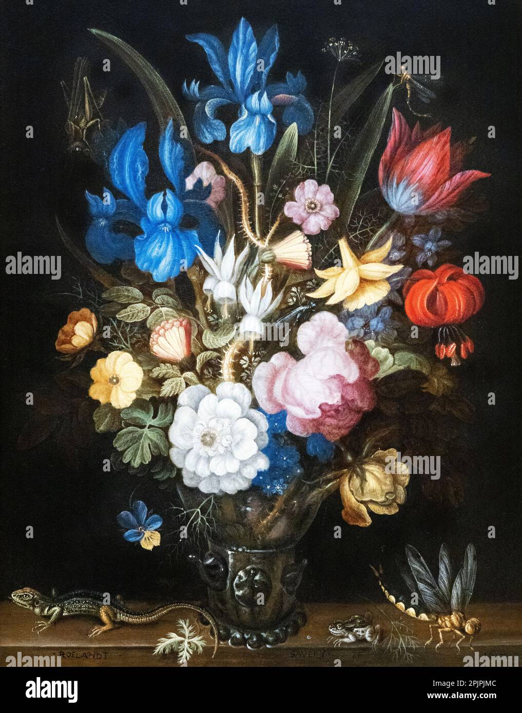 RoELANDT Savery peinture; Still Life fleurs avec Lizard Frog et Dragonfly, 1637. Peintre hollandais d'âge d'or, peinture du 17th siècle. Banque D'Images