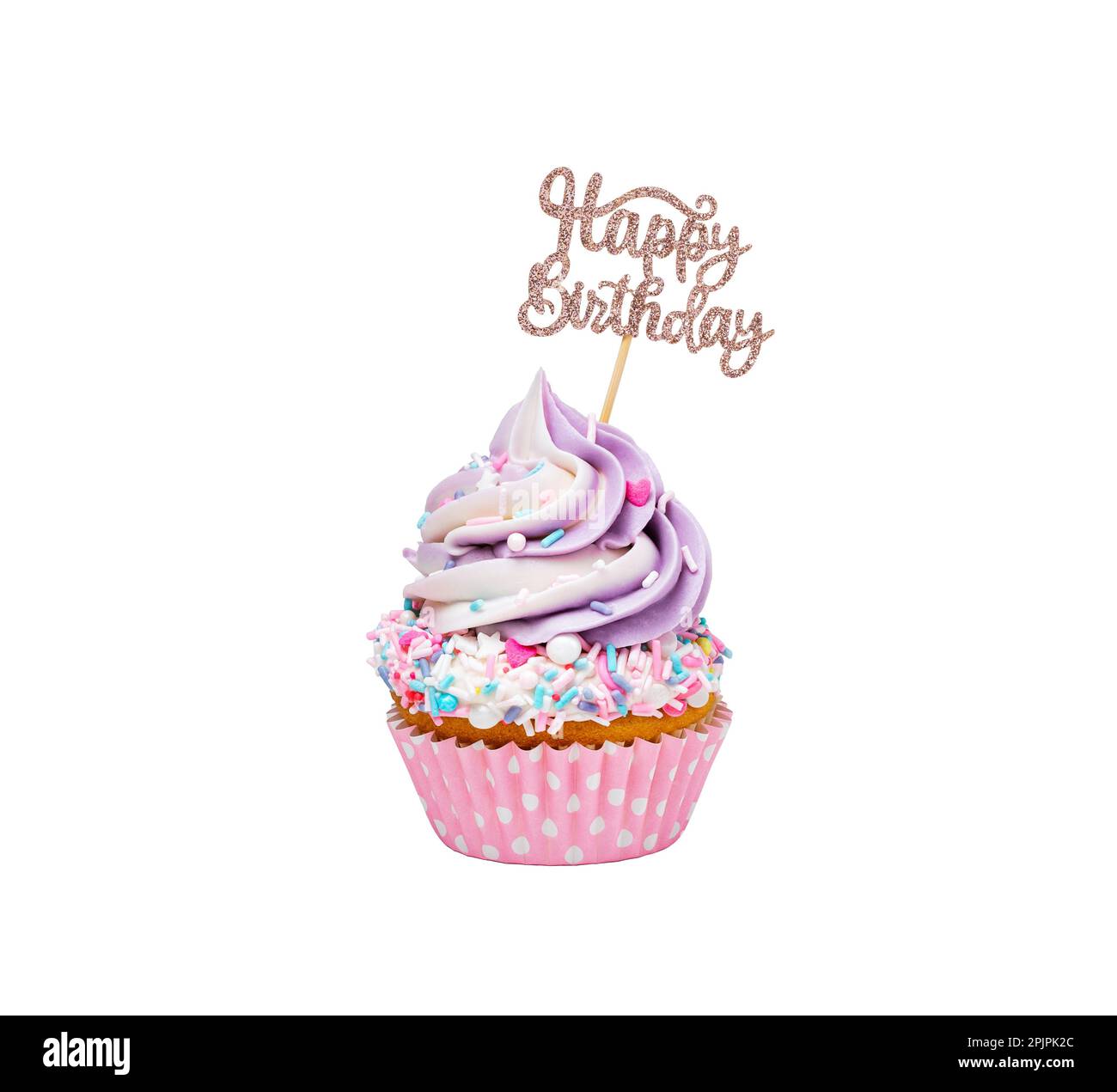 Cupcake rose et violet avec des saupoudrées et un surmatelas joyeux anniversaire isolé sur un fond blanc pur. Banque D'Images