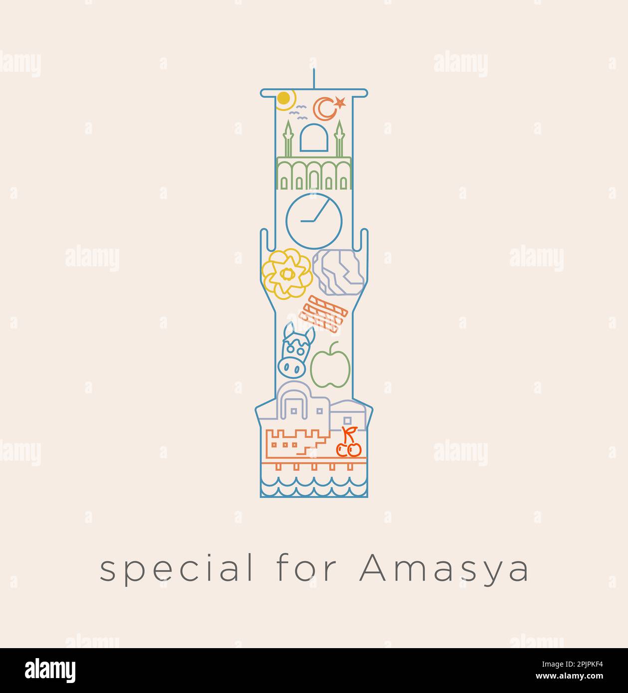Série d'icônes spéciales en Turquie - Tour d'horloge Amasya. Un collage du château d'Amasya, des tombeaux de roche roi, des moyens de subsistance, du marbre, de la cerise et d'autres lignes similaires Illustration de Vecteur