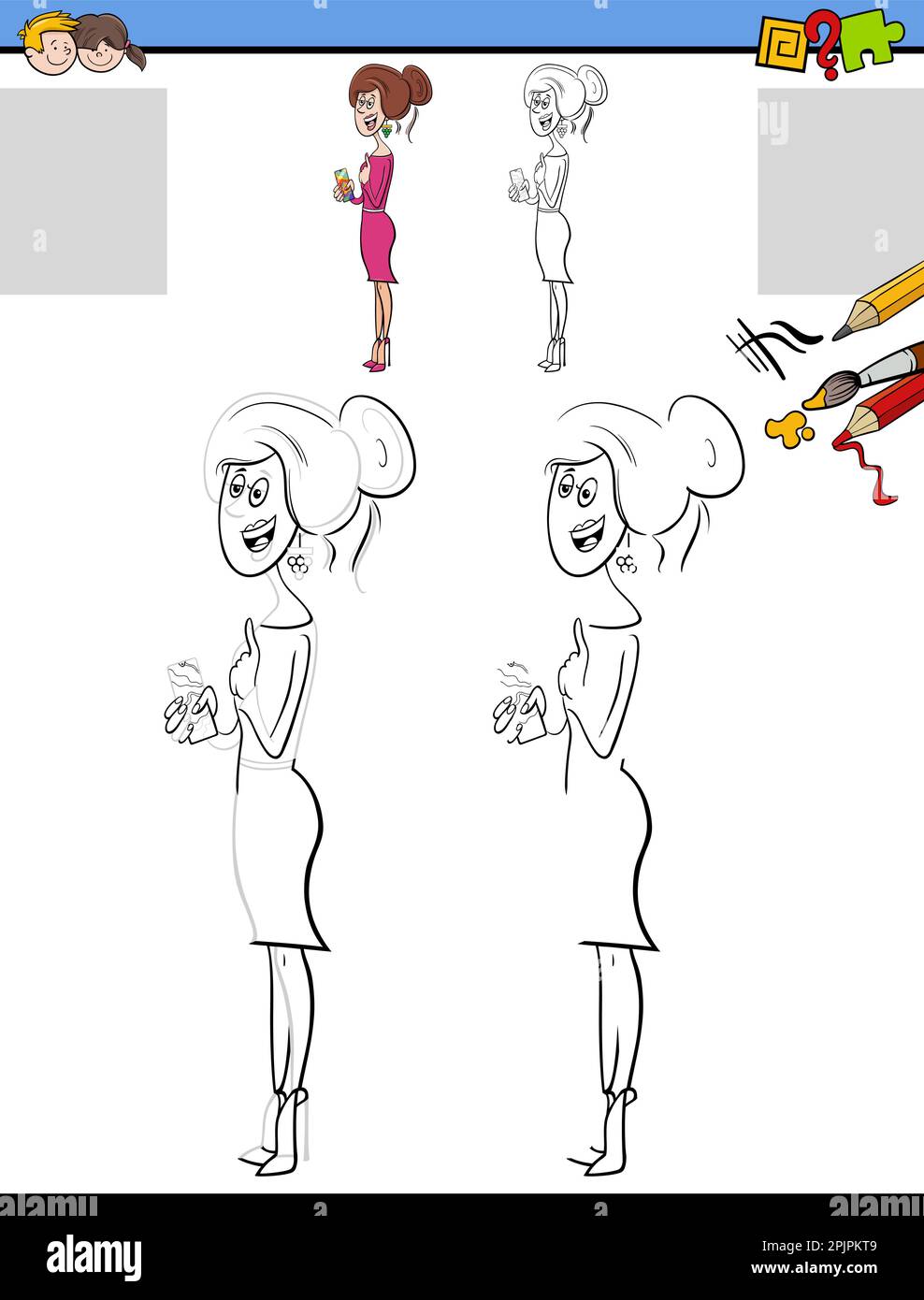 Illustration de dessin et de coloriage d'une activité éducative avec un personnage de femme avec un smartphone Illustration de Vecteur