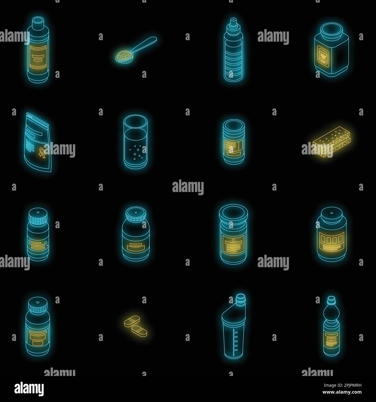 Jeux d'icônes de nutrition sportive. Ensemble isométrique d'icônes vectorielles de nutrition sportive couleur néon sur noir Illustration de Vecteur