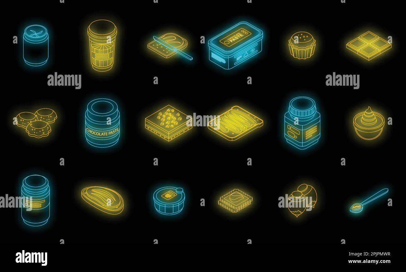 Jeu d'icônes de pâte de chocolat. Ensemble isométrique d'icônes vectorielles de pâte de chocolat couleur néon sur noir Illustration de Vecteur