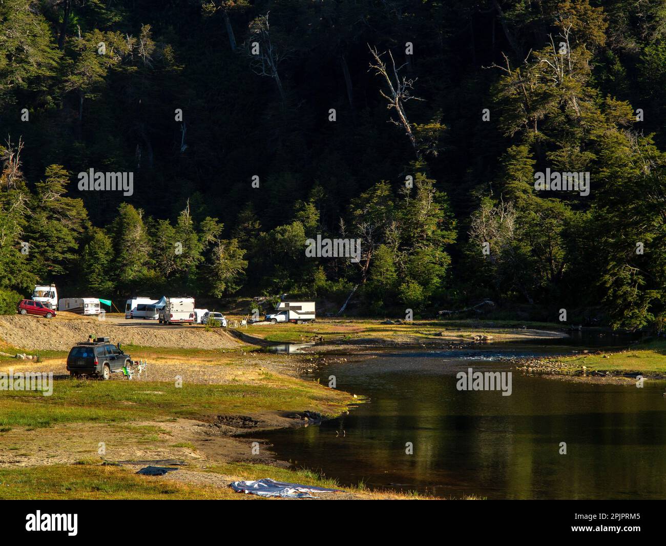 Camping sur les rives de la rivière Pichi Traful, Parc Nahuel Huapi, chemin Seven Lakes, province de Neuquén, Argentine Banque D'Images