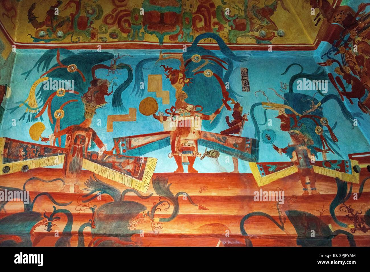 Fresque maya peinture murale dans la pièce 3 du temple des peintures murales dans la ville maya de Bonampak, Chiapas, Mexique. Banque D'Images