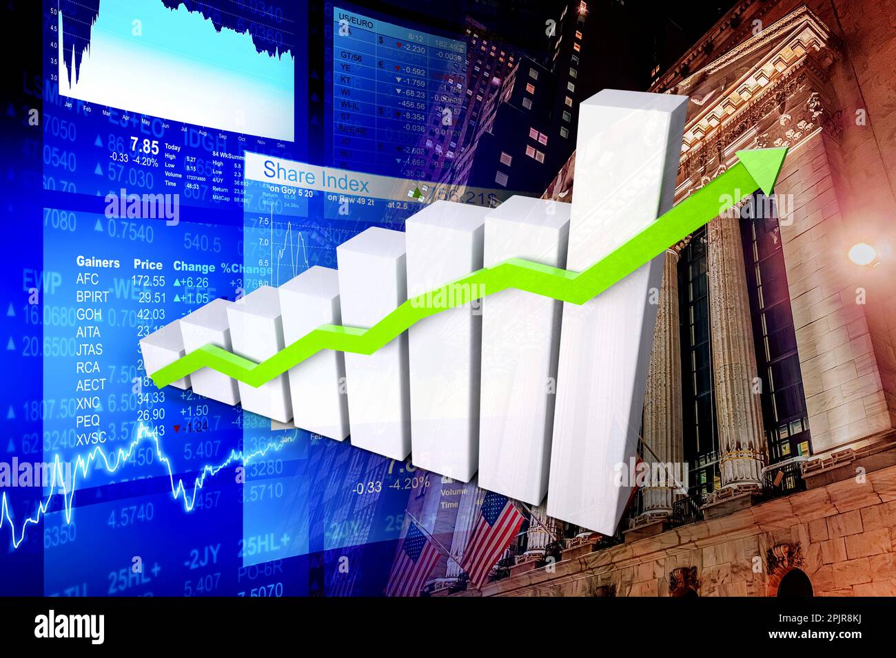 Graphique de l'économie : flèche vers le haut, indicateurs boursiers et Bourse de New York (actions, succès, argent, affaires, inflation, crise, marchés) Banque D'Images