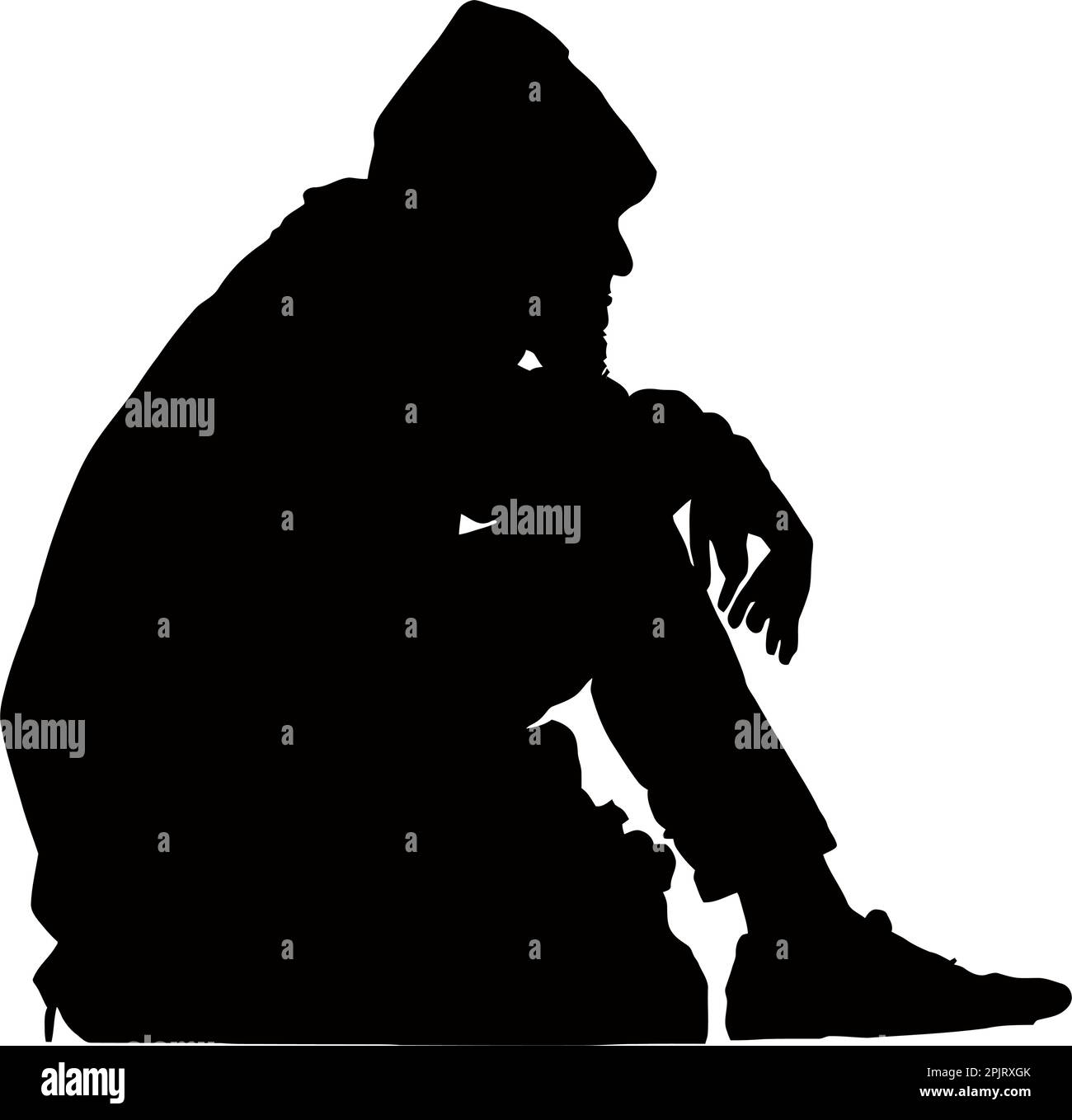 Silhouette de sans-abri Hobo assis avec ses possessions Illustration de Vecteur