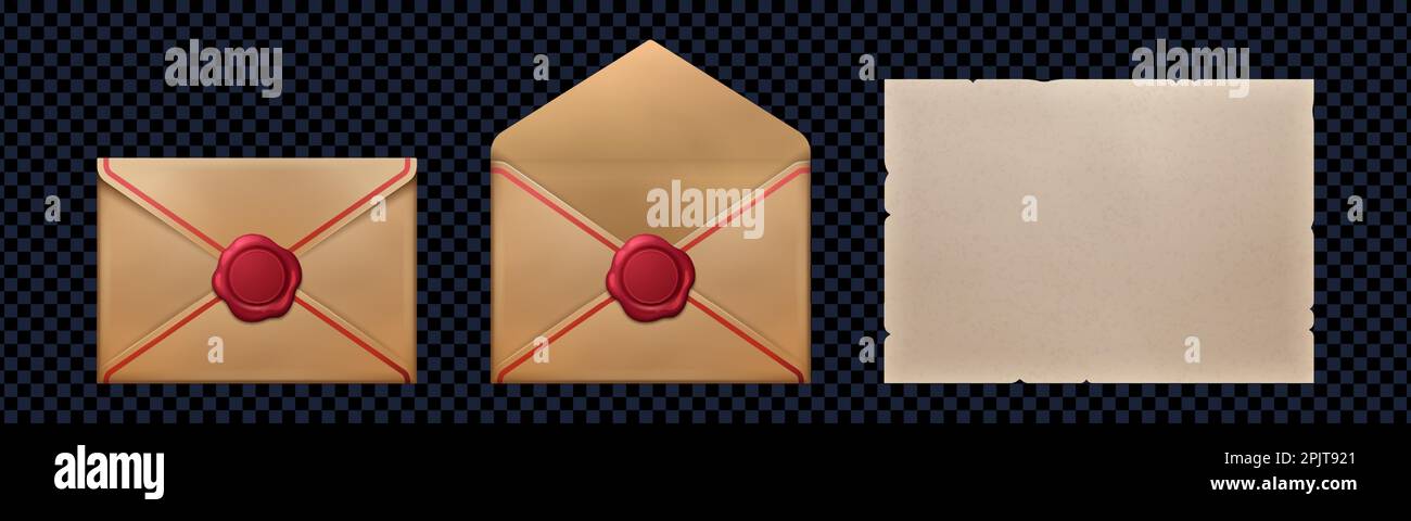Ensemble réaliste de courrier papier rétro isolé sur fond transparent. Illustration vectorielle d'enveloppes ouvertes et fermées avec des tampons de cire rouge, une lettre vierge ou un modèle de carte postale. Message d'amour secret Illustration de Vecteur