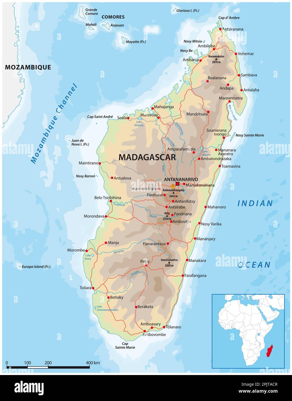 Carte routière vectorielle détaillée de la nation insulaire de Madagascar Banque D'Images