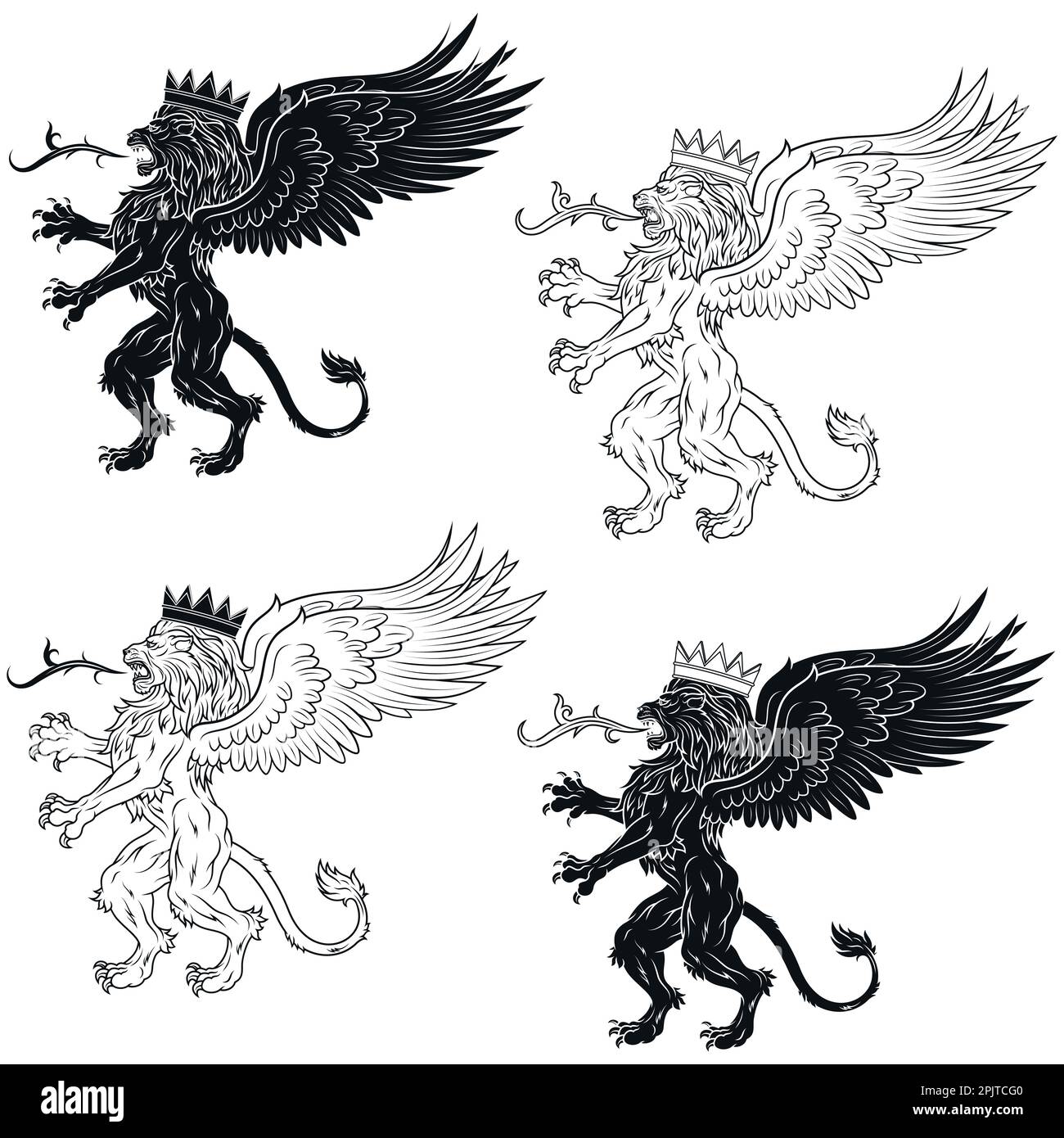 Motif vectoriel de lion rampant ailé avec couronne, lion héraldique avec ailes, créature fantaisiste ailé Illustration de Vecteur