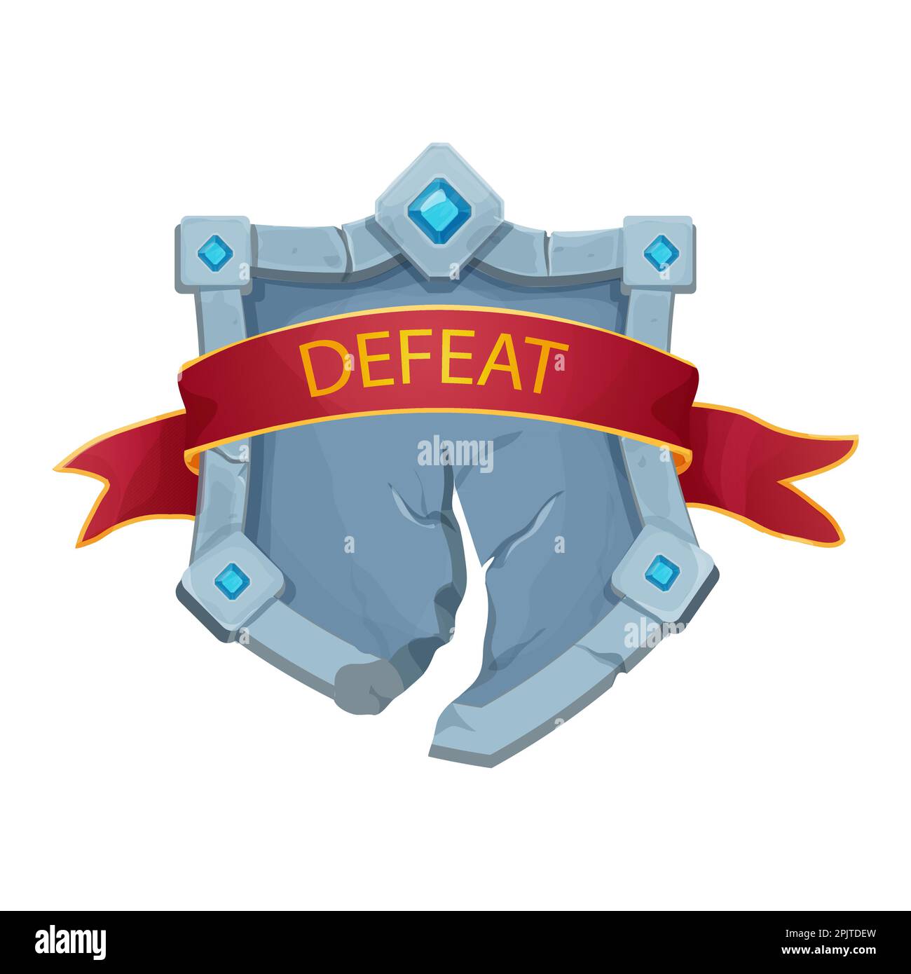 Battez Shield cadre en pierre avec bordure cassée et pierres gemmes, ruban rouge vide panneau de menu médiéval dans le style de dessin animé isolé sur fond blanc. Illustration vectorielle Illustration de Vecteur