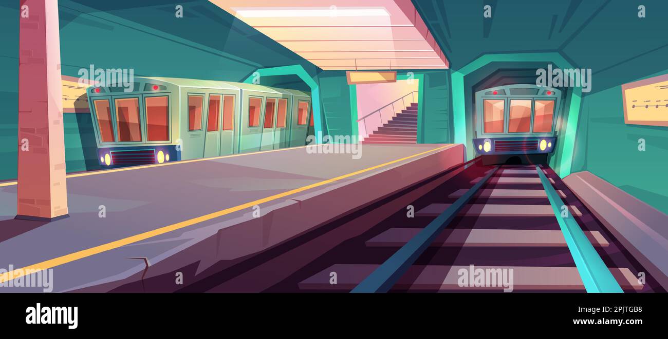 Station de métro, train arrivant à la plate-forme de métro vide du tunnel souterrain. Illustration vectorielle de l'intérieur du métro avec chemin de fer et transports publics électriques, plate-forme et escaliers Illustration de Vecteur