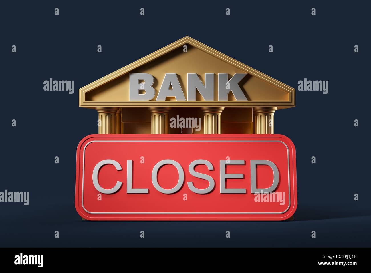 Bande d'or de dessin animé avec grand panneau d'affichage rouge FERMÉ, sombre, fond bleu. Crise financière et économique, dette et faillite. 3D illustration du rendu Banque D'Images
