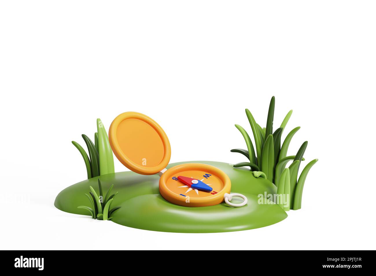 Boussole jaune ouverte pour la navigation sur l'herbe, maquette et espace de copie arrière-plan blanc. Concept de voyage et d'orientation. 3D rendu i Banque D'Images