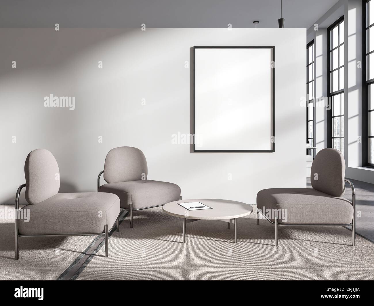 Bureau blanc salle de détente intérieur avec trois fauteuils confortables, table basse avec décoration et poster maquette en toile. Fenêtre panoramique sur les gratte-ciel. 3D Banque D'Images