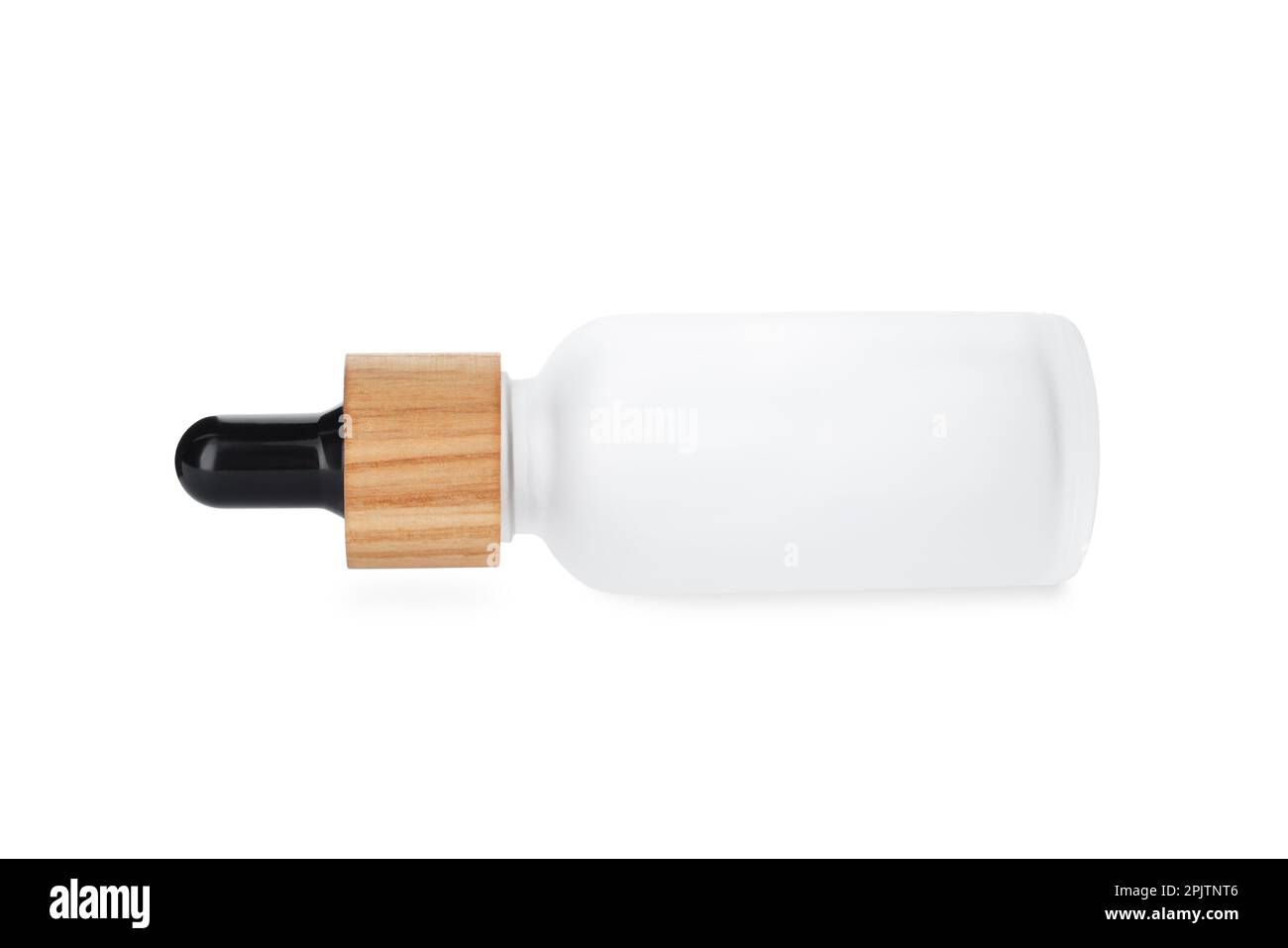 Nouveau flacon en verre vide avec compte-gouttes isolé sur blanc Banque D'Images