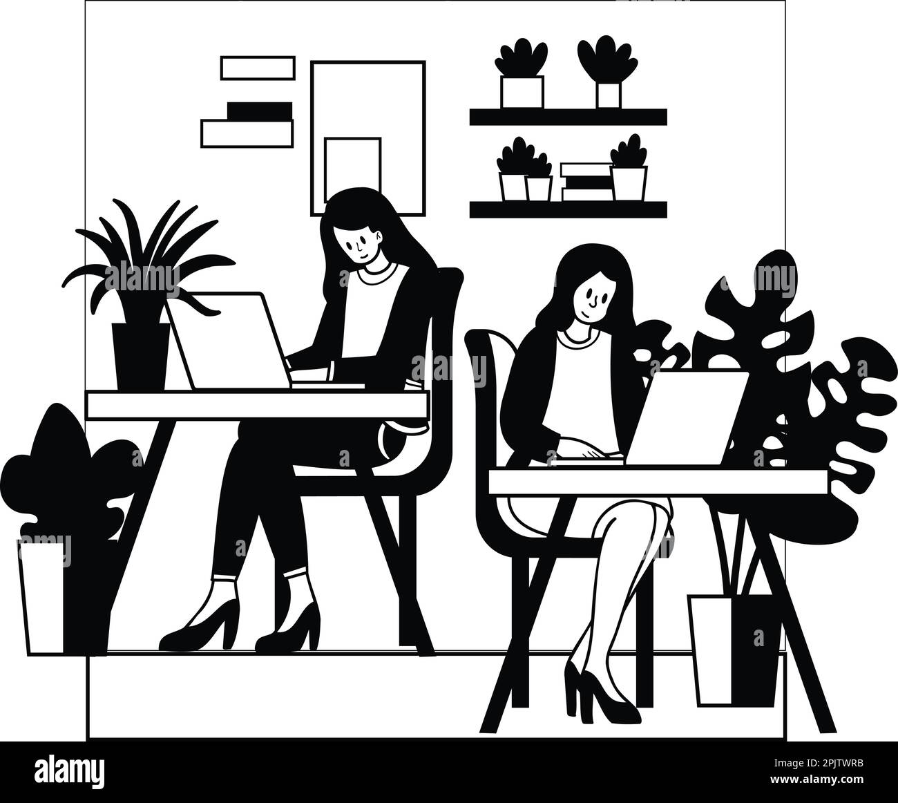 femme entrepreneur assis et travaillant dans un café illustration dans le style doodle isolé sur fond Illustration de Vecteur