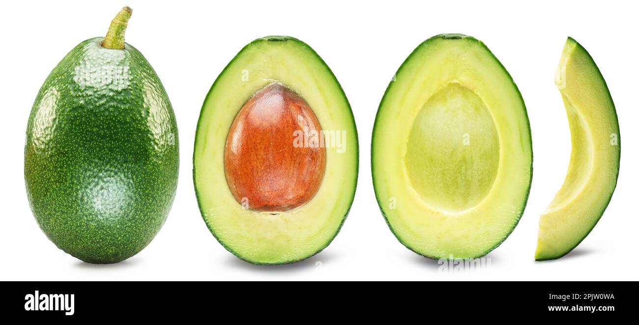 Fruits d'avocat et tranches d'avocat isolées sur fond blanc. Banque D'Images