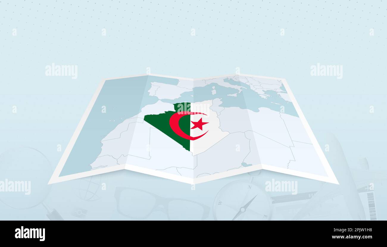Carte de l'Algérie avec le drapeau de l'Algérie dans le contour de la carte sur un voyage résumé toile de fond. Illustration de voyage. Illustration de Vecteur