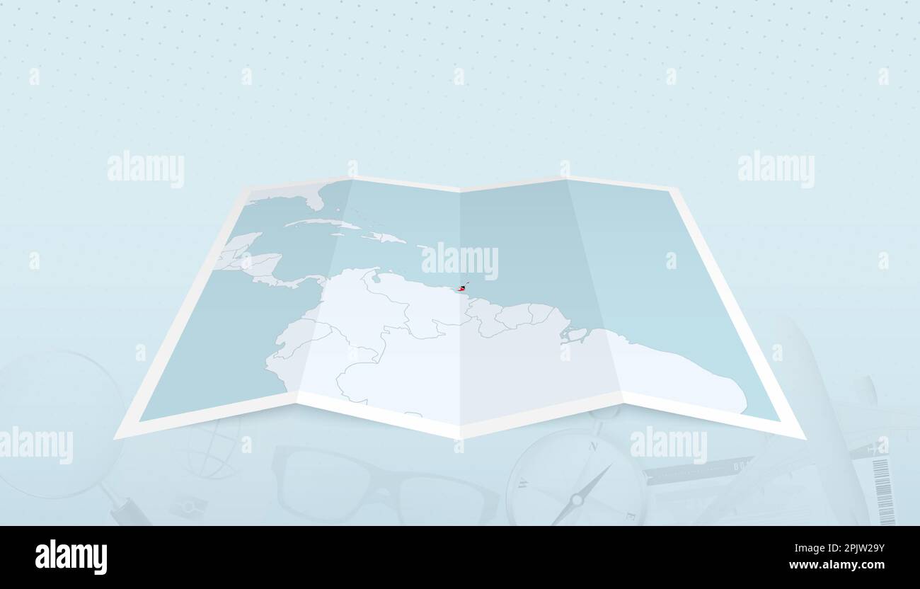 Carte de Trinité-et-Tobago avec le drapeau de Trinité-et-Tobago dans le contour de la carte sur un voyage résumé toile de fond. Illustration de voyage. Illustration de Vecteur