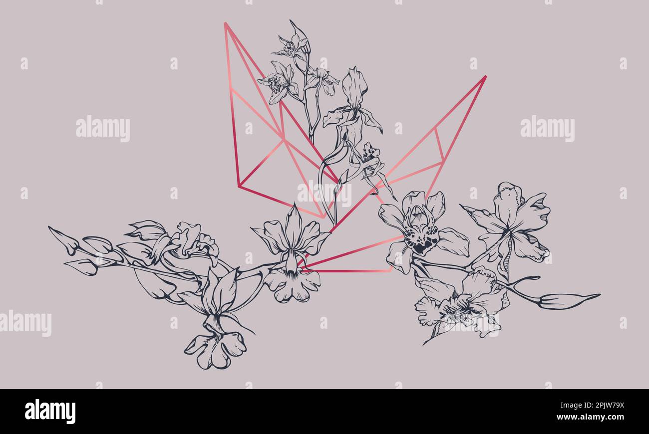 Fleurs et branches d'orchidées à encre vectorielle dessinées à la main, monochrome, contour détaillé. Composition en cristal. Couleur magenta Viva. Design pour mur Illustration de Vecteur