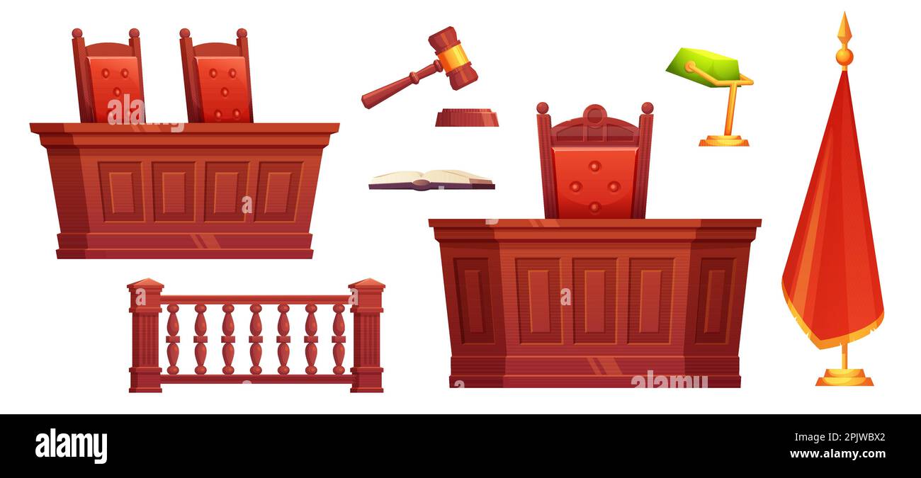 Ensemble intérieur vectoriel de salle de cour de dessin animé. Salle de procès à l'intérieur des meubles avec siège, bureau d'avocat, bâbord et drapeau rouge. Collection d'objets du bureau du palais de justice à Illustration de Vecteur