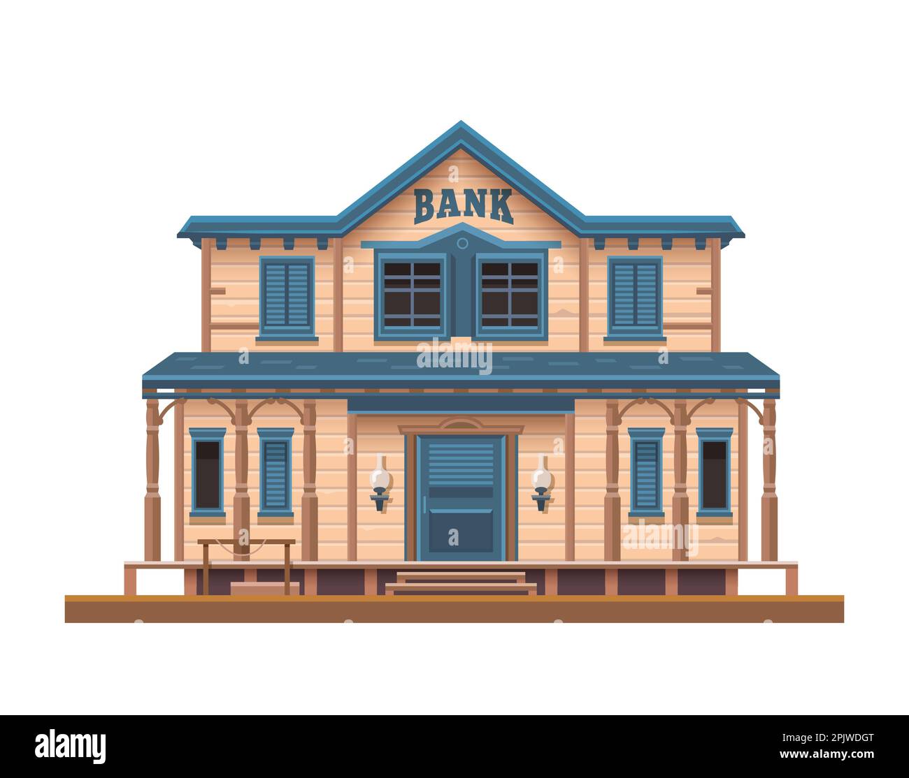 WESTERN, Wild West Bank ou construction de ville, ancienne architecture américaine en bois, vecteur isolé. Façade du bâtiment de la banque Western Country ou Wild West American Illustration de Vecteur