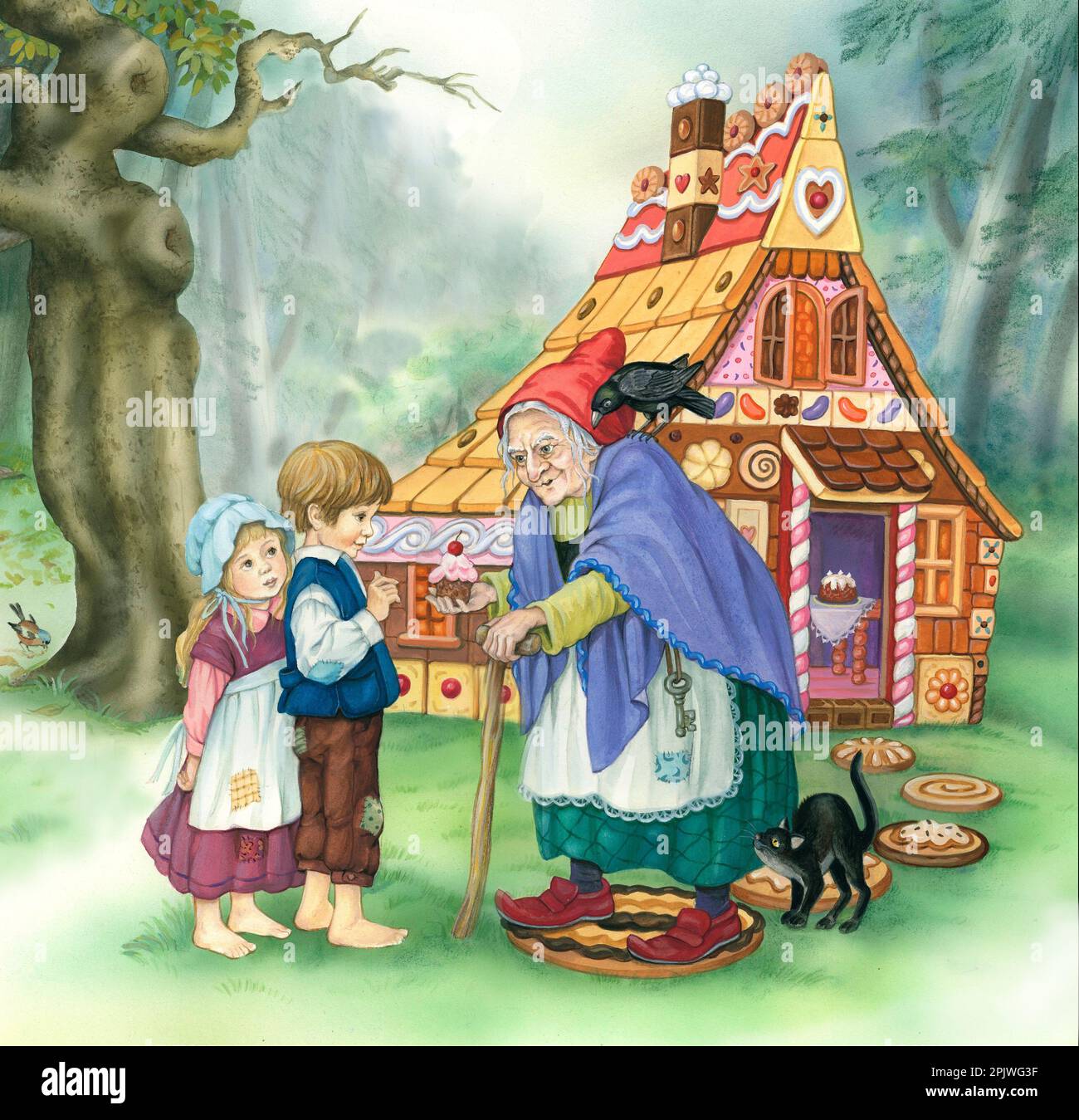 Histoires d'enfants - Hansel et Gretel avec la sorcière méchante à l'extérieur de la maison de pain d'épice Banque D'Images