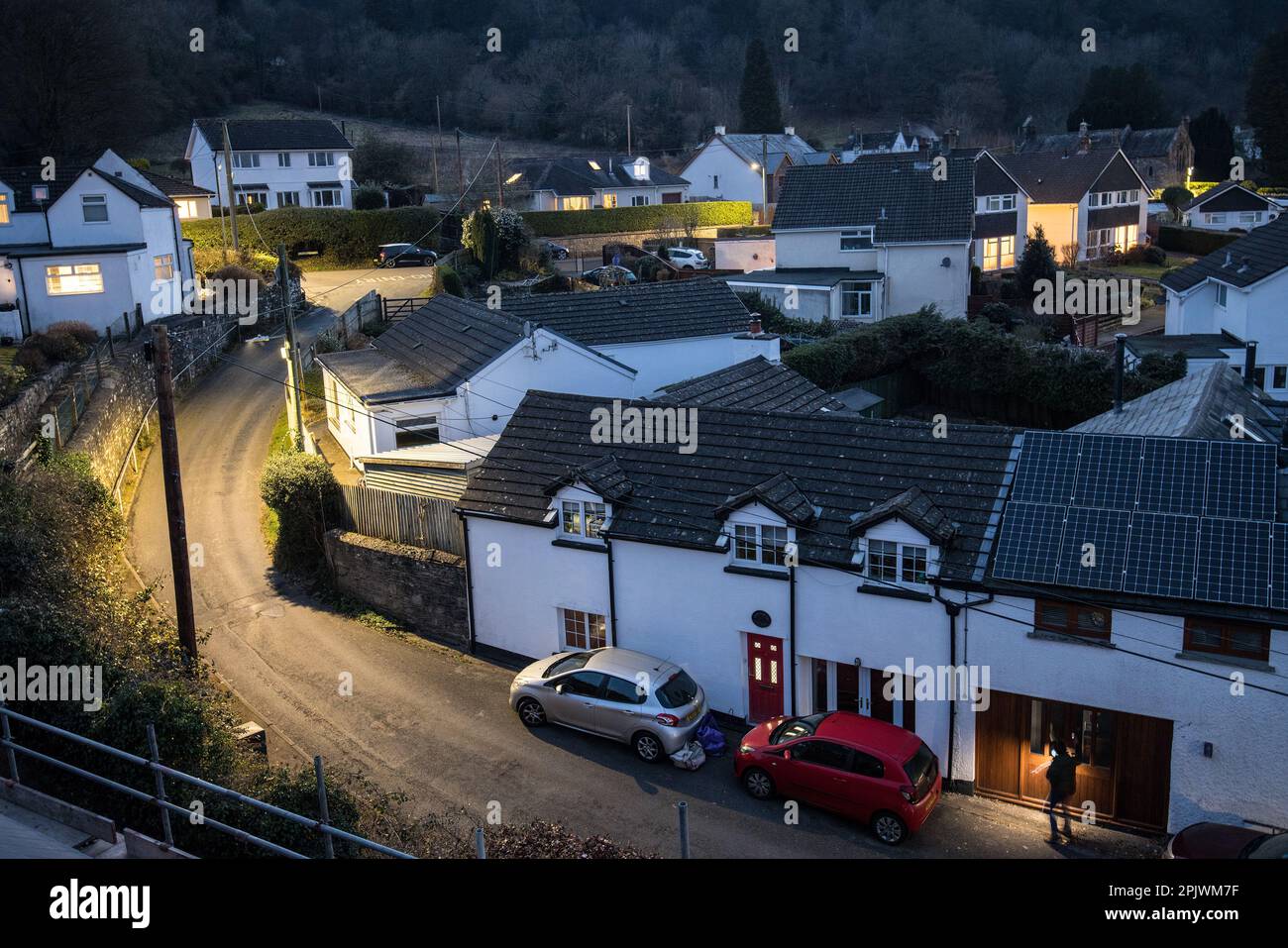 Village Street Lights de nuit, Llanfoist, pays de Galles, Royaume-Uni Banque D'Images