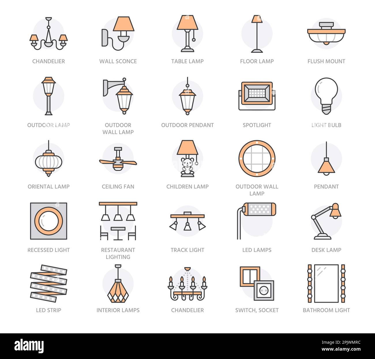 Présentoir d'éclairage, icônes de la ligne plate de la lampe. Maison ...