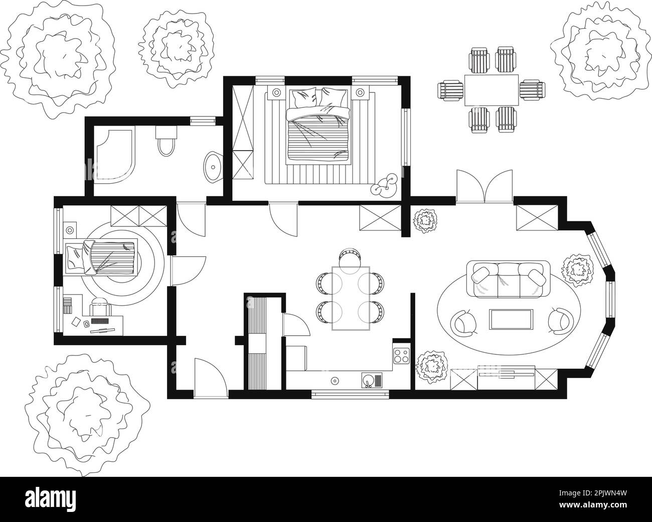 Plan d'étage noir et blanc d'une maison. Illustration de Vecteur