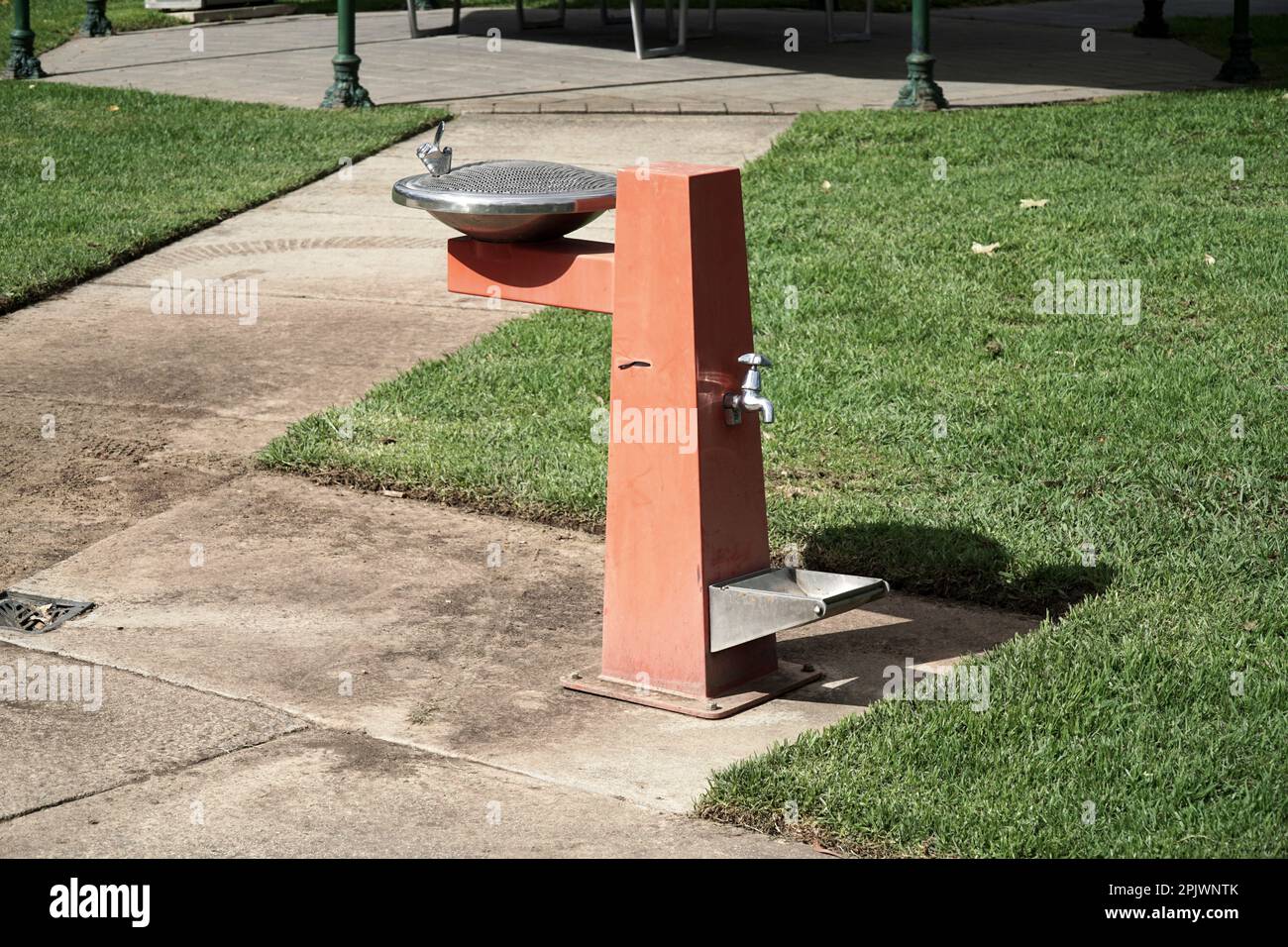 Une fontaine publique d'eau douce dans un parc public, avec également un bol d'eau pour chiens d'animaux Banque D'Images