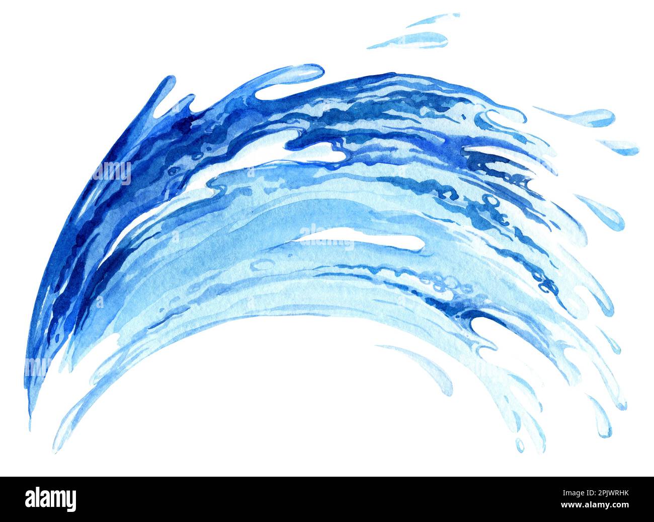 illustration aquarelle du jet d'eau, des éclaboussures et des gouttes bleues, esquisse isolée sur fond blanc. Banque D'Images