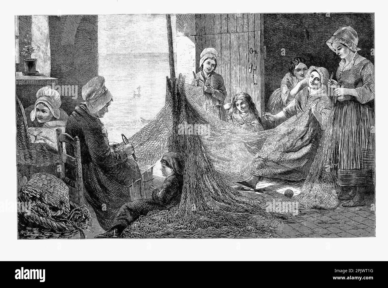 'Sunshine' par Lionel Percy Smythe, dans lequel une famille de pêcheurs répare les filets endommagés tout en profitant du soleil. Une scène côtière anglaise quintessence de 1865 Banque D'Images