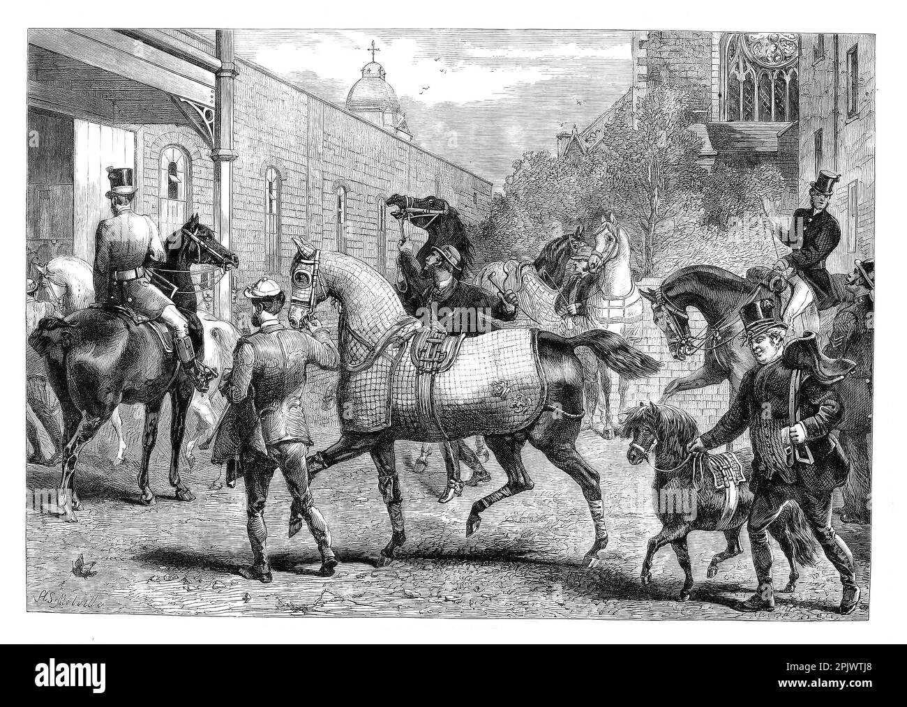 Des chevaux et un poney arrivent au spectacle équestre de 1865 à Islington, Londres, Angleterre. Banque D'Images